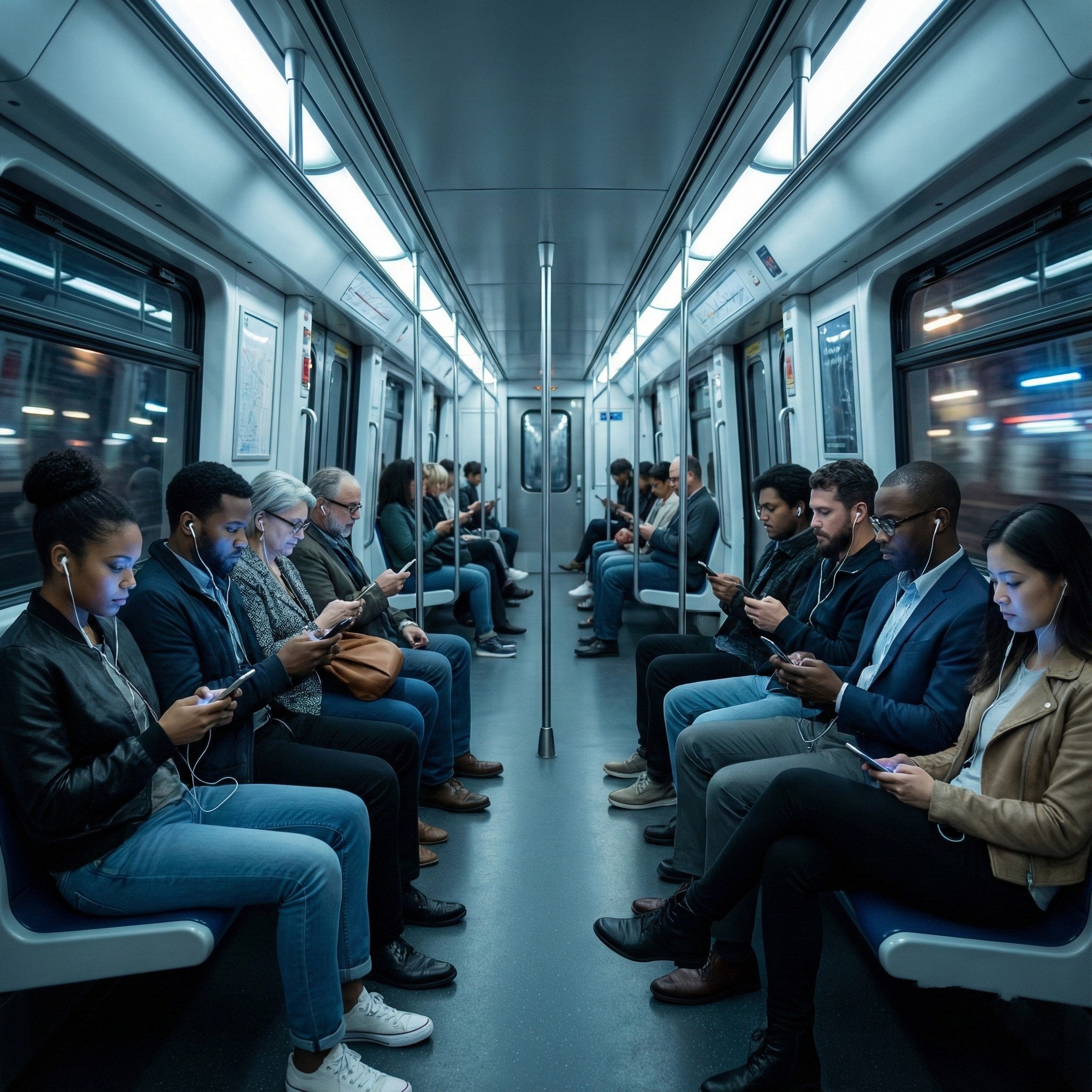 Modern subway riders scrolling on their phones